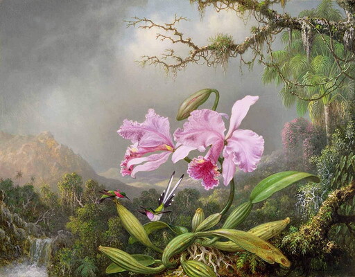 An oil painting of frilly pink flowers with green and pink hummingbirds fluttering on buds beneath it and hazy waterfalls and mountains in the background.
