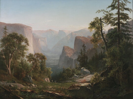 An oil painting of a foggy valley surrounded by tall granite cliffs and tall pine trees.