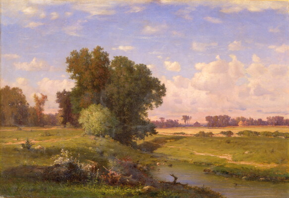 An oil painting of a stream meandering through a lush green meadow dotted with trees and a barn in the far distance.