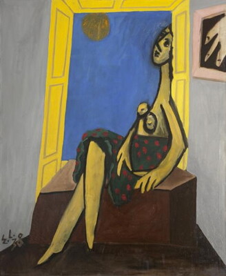 An oil painting in a cubist style of a woman seated on a window seat, framed by yellow shutters, wearing only a green skirt with red polka dots.