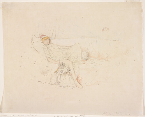 A color print of a sketch of a White woman wearing a loose gown lounging on a sofa.