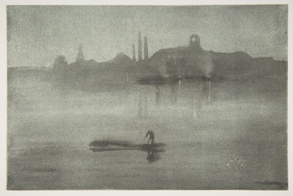 A black-and-white print of the silhouette of a city just beyond a foggy river on which a person paddles a canoe.