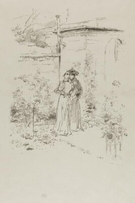 A black-and-white print of a sketch of two women in long dresses standing in a garden outside of a building.