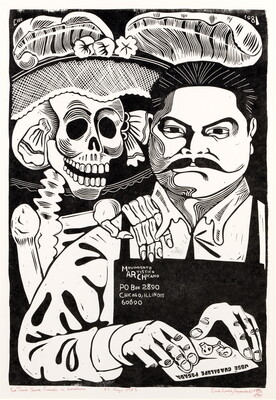 A black-and-white print of a cartoon-like skeleton wearing a flowered sombrero looking over the shoulder of a man with slicked back hair, a mustache, wearing an apron.