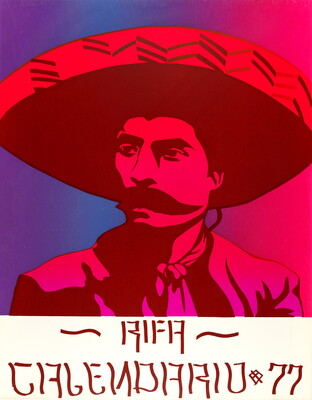 A color print in shades of hot pink of a man wearing a large sombrero, a mustache, and a bandanna around his neck.