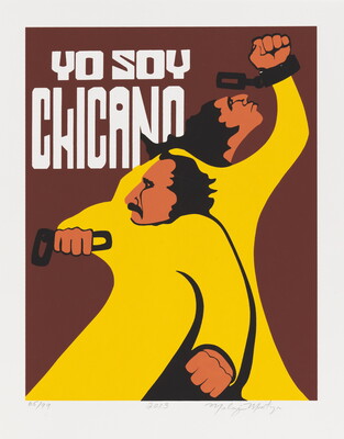 A color print of two stylized medium-skinned people breaking from chains in front of the words, "Yo Soy Chicano."