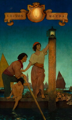 A color advertisement for a lightbulb illustrated in neo-classical style with two men lighting oil streetlamps at twilight.