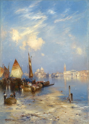 An oil painting of a group of sailboats gathered along a shore with the city of Venice lit by the sun in the background.