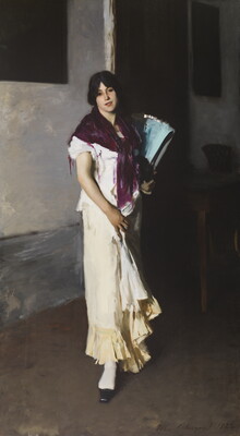 An oil painting of a standing White woman dressed in white, holding her skirt up with one hand and a bundle of flat glass in the other.
