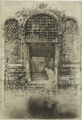 A black-and-white print of an elaborate doorway that opens onto a canal with two women standing near the entrance.