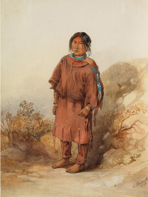 A watercolor of an Indigenous girl wearing a leather dress and turquoise beaded jewelry and adornments.