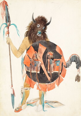 A watercolor of an Indigenous man wearing a bison mask over his face and holding a shield and spear.