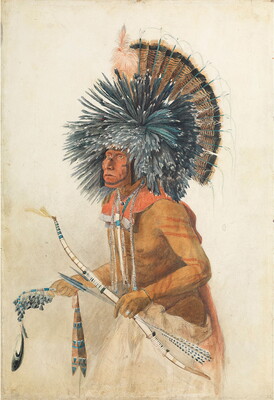 A watercolor of an Indigenous man wearing a feathered headdress, body paint, a beaded rope around his neck, and holding a bow and arrow.