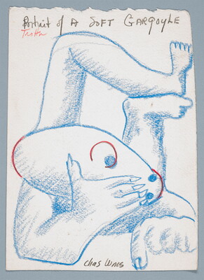 A drawing in blue and red of a human-like form lying on a floor with legs up and head resting in one hand.