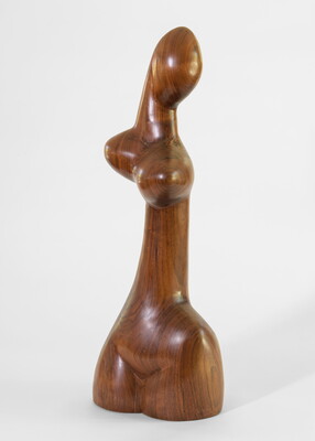 A carved wood sculpture of a slender, abstracted female head and torso. 