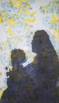 A silhouette of a woman holding a baby on her lap and a yellow and blue floral pattern in the background.