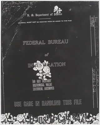 A large-scale drawn replica of an FBI cover sheet accentuated with delicately drawn roses.