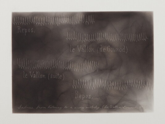 A grayscale print of gray clouds with four white soundwaves and their titles etched into the surface.