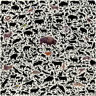 A large painting with silhouettes of hundreds different animals, some of which are painted in full color while others are black.
