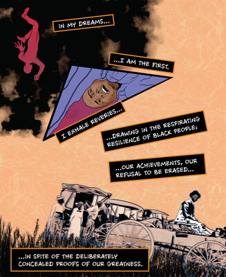 A color illustration from a graphic novel with the figure of a Black man falling from the sky onto a scene from the 19th century of Black people in and next to covered wagons.