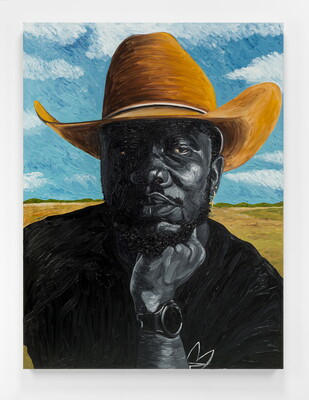 An oil painting with loose brushstrokes of a Black man with a beard wearing a cowboy hat resting his chin on his fist with blue skies in the background.