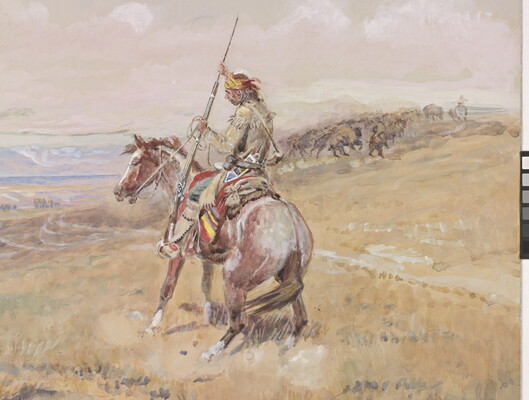 A detail of a watercolor of a mounted Native American confronting a steer.