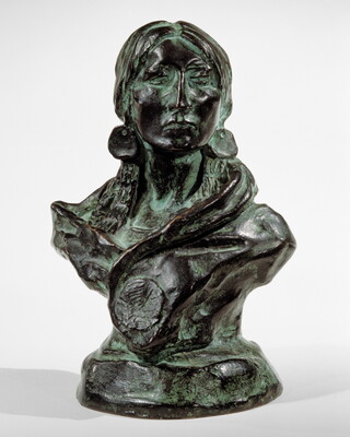 A bronze sculpture with a slight green patina of the bust of an American Indian woman.