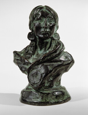 A bronze sculpture with a slight green patina of the bust of an American Indian woman.