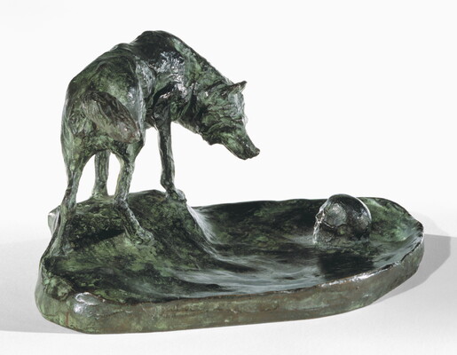 A sculpture of a wolf staring at a human skull on the ground.