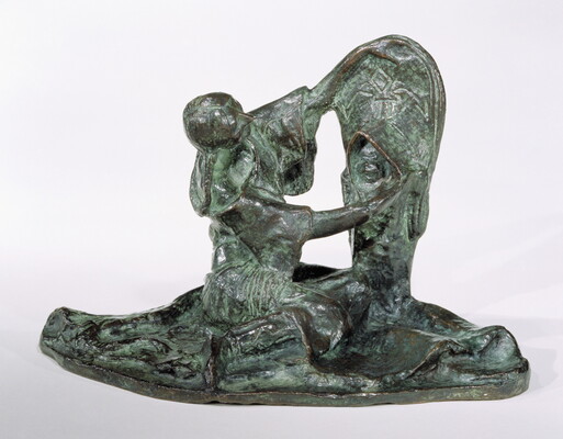 A bronze sculpture of a Native American woman looking at a child propped upright in a cradleboard.