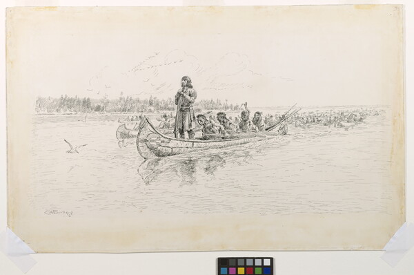 A black-and-white drawing of Native Americans rowing canoes on a lake; a White explorer standing at the front of the canoe in the foreground.