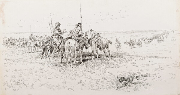 A black-and-white drawing of a large group of Indigenous people on horseback watching a line of settlers on horseback and in wagons in the distance.