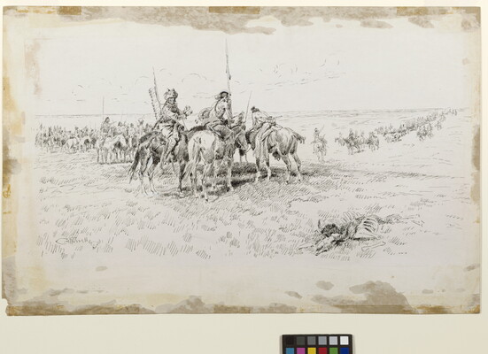 A black-and-white drawing of a large group of Indigenous people on horseback watching a line of settlers on horseback and in wagons in the distance.