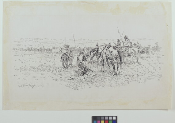 A black-and-white drawing of a group of Indigenous people, some on horseback, looking at a walled fort in the distance.