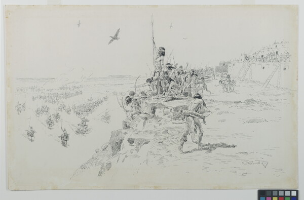 A black-and-white drawing of Indigenous people, some with spears and bows and arrows, on a cliff watching riders on horseback coming toward them.