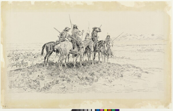 A black-and-white drawing of a group of men, two White and three Native American, on horseback in a prairie.