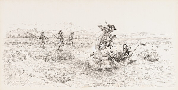 A black-and-white drawing of a Native American man in combat with another as three men run toward them.