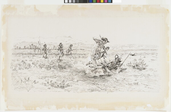 A black-and-white drawing of a Native American man in combat with another as three men run toward them.