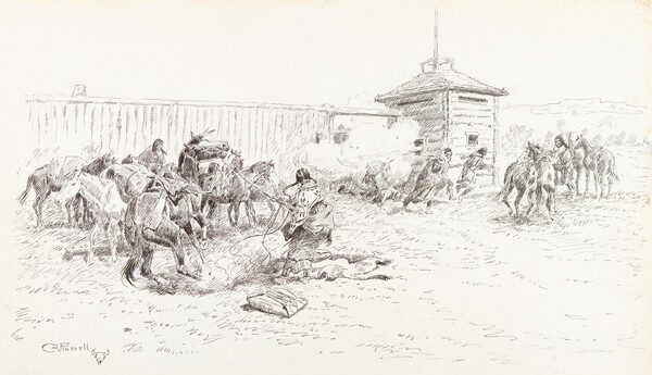 A black-and-white drawing of soldiers bursting into a military fort housing Native Americans and horses.