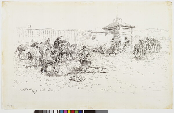 A black-and-white drawing of soldiers bursting into a military fort housing Native Americans and horses.