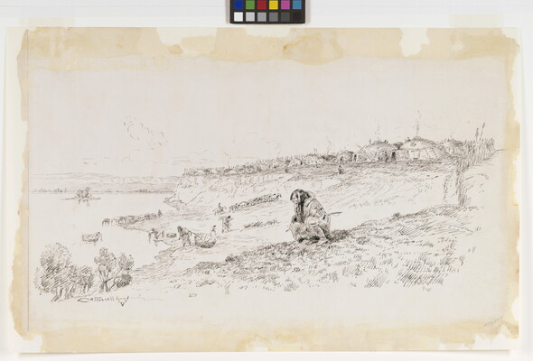 A black-and-white print of an Indigenous person sitting riverside with a village in the background.