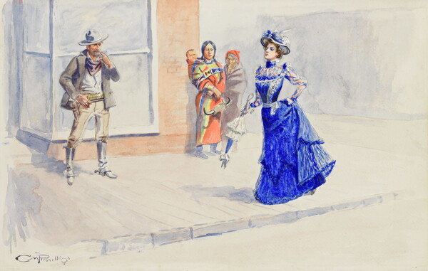 A watercolor of a White woman in a blue dress walking on a sidewalk as a White cowboy and an Indigenous family watch.