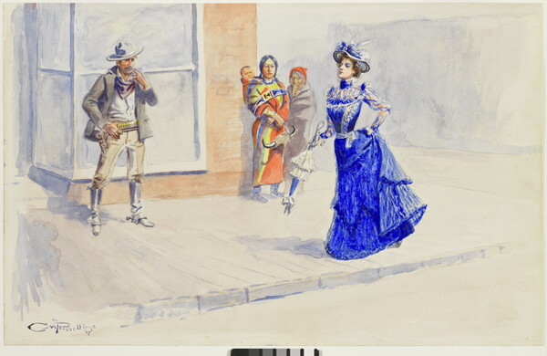 A watercolor of a White woman in a blue dress walking on a sidewalk as a White cowboy and an Indigenous family watch.