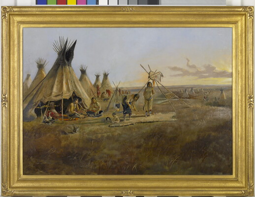 An oil painting of Indigenous adults and a child working on a hide in front of an open tipi on grassy plains.