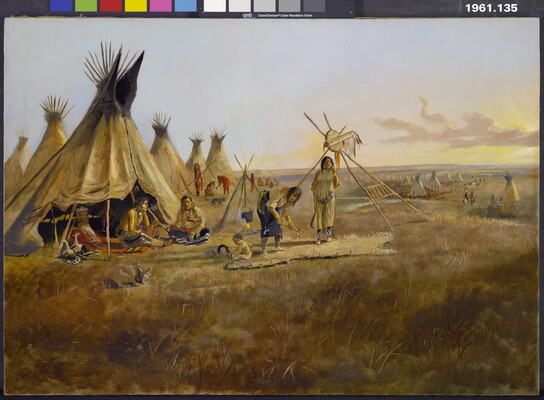 An oil painting of Indigenous adults and a child working on a hide in front of an open tipi on grassy plains.