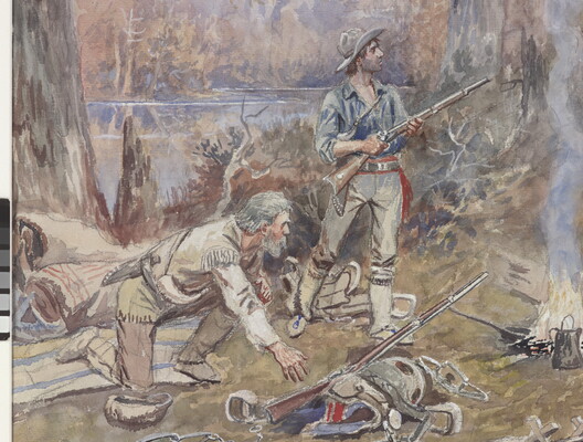 A detail of a watercolor of two armed White men with the spoils of a hunt at a camp looking at a Native American in the distance.