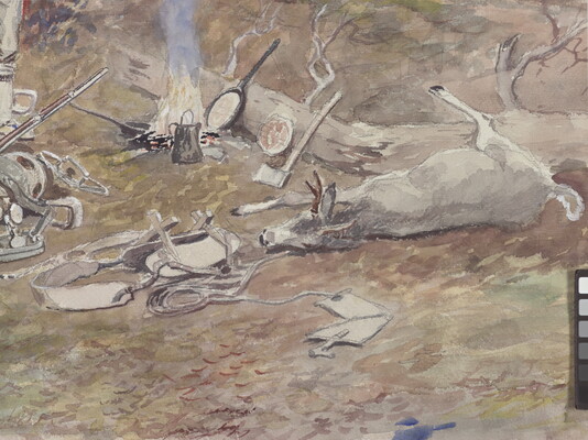 A watercolor of two armed men with the spoils of a hunt at a camp looking at a Native American in the distance.