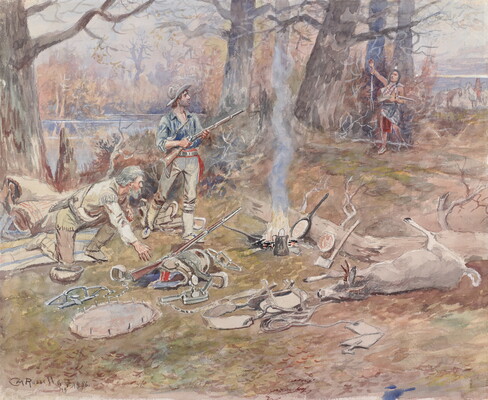 A watercolor of two armed White men with the spoils of a hunt at a camp looking at a Native American in the distance.