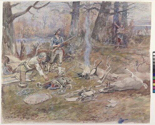A watercolor of two armed White men with the spoils of a hunt at a camp looking at a Native American in the distance.