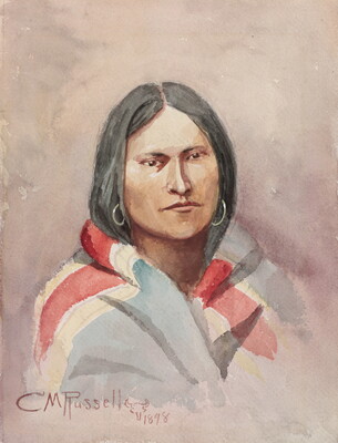 A watercolor portrait of an American Indian woman from the shoulders up, with dark hair, hoop earrings, and a colorful cloth around her shoulders.